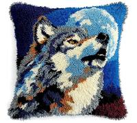 WallustrioaW Beautiful Night View Pillow Latch Hook Kits Printed Cushion,Wolf Under The Moon,Latch Hook Pillow Kit for Adults Beginners 43x43cm,Home Christmas Decoration,17x17in