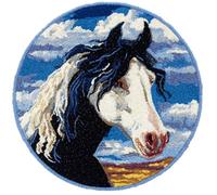 WallustrioaW Beginner Small Size Latch Hook Kits,Horses Under the Blue Sky,Yarn Rug Kits Making,Mat,Craft Kits with Printed Canvas for Starter Kids Adult,50x50cm