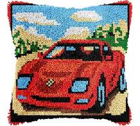 WallustrioaW car Latch Hook Pillow Case Kits Embroidery Kits,Red Sports car,Needlework Latch Hook Cushion Cover,DIY Home Decorations Handmade Craft Kits,17x17inch