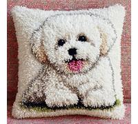 WallustrioaW Cartoon Animal Dog DIY Latch Hook Cushion Kits 43x43cm,Cute White Puppy,Latch Hook Cushion Kits for Adults,DIY Needlework Handmade Set Craft Sofa Home Decor,17x17in
