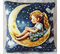 WallustrioaW Cartoon Starry Sky Tapestry Pillow Kit,Girl on the Moon,Embroidery Pillow Tapestry Canvas Cushion Front Cross Stitch Pillowcase,Home Decor Gifts,45x45cm