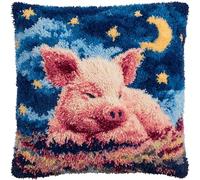 WallustrioaW Cartoon Style Cross Stitch Latch Hook Sofa Cushion Cover,Pink Pig Under The Stars and Moon,3D Pillow Latch Hook Embroidery Kits with Crochet Tools fit for Kids and Adults,17x17inch