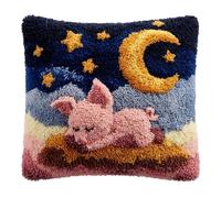 WallustrioaW Cartoon Style Latch Hook Pillow Cover Kits,Pink Pig Under The Stars and Moon,Latch Hook Cushion Kit 17x17Inch,Cross Stitch Embroidery Cushion for Adults and Beginners,43x43cm