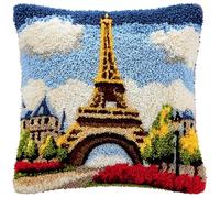 WallustrioaW Cityscape Latch Hook Kit Cushion,Latch Hook Kit,Eiffel Tower,DIY Pillow Materials for Beginners Kids Adults,Home Art Decorative,17x17inch