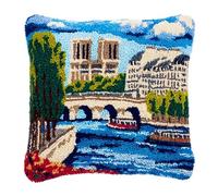 WallustrioaW Cityscape Latch Hook Pillow Case Kits,Bridge Cruise,DIY Latch Hook Cushion Kits 43x43cm,Printed Canvas Embroidery Pillow for Beginners,17x17inch