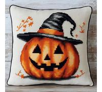 WallustrioaW Cross Stitch Cushion Covers Kits,Halloween Pumpkin,Embroidery Kit Printed Tapestry Canvas 11Ct Cushion Kit for Creative Home Décor 18x18in