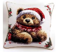 WallustrioaW Cross Stitch Kits Cushion Throw Pillow,Christmas Bear Needlework Kit for Adult Beginners 11ct Set Decoration Embroidery Pillow Case 18x18in
