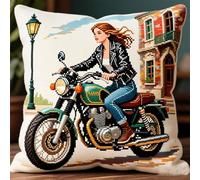 WallustrioaW Cross Stitch Latch Hook Sofa Cushion Cover,Girl Riding a Motorcycle,3D Pillow Latch Hook Embroidery Kits with Crochet Tools fit for Kids and Adults,17x17inch