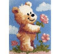 WallustrioaW Cute Animals DIY Latch Hook Kits-Pre Printed Pattern Rug,Brown Bear Holding a Small Flower,Latch Hook Rug Kits for Kids and Adults Beginner Home Decor Gifts,60x90cm