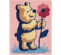 WallustrioaW Cute Animals Latch Hook Kits for Kids and Adults,Brown Bear Holding a Small Flower,DIY Latch Hook Rug Kit,Carpet Making Crochet Needlework Crafts for Home Decor,90x120cm