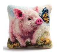 WallustrioaW cute animals Latch Hook Kits Pillow Cover for Beginner,Pink Pig and Butterfly,Printed Canvas Yarn Crocheting Cushion Hook and Latch Pillowcase Sofa Decoration,43x43cm