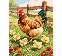 WallustrioaW DIY Cross Stitch Kits,Hens and Chicks on The Farm,Wall Art Needlework Sewing Pattern,11CT Pre-Printed Embroidery Set Handmade Gift,40x50cm