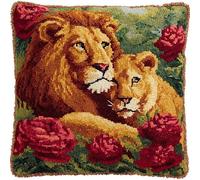 WallustrioaW DIY Latch Hook Cushion Kits 43x43cm,Lion in The Flower Garden,Latch Hook Cushion Kits for Adults,DIY Needlework Handmade Set Craft Sofa Home Decor,17x17in