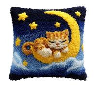 WallustrioaW DIY Latch Hook Kits,Cartoon Cat Under The Moon,3D Pillow Materials Package Latch Hook Embroidery Kits,Sofa Cushion Cover for Kids and Adults,43x43cm