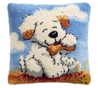 WallustrioaW DIY Latch Hook Kits for Adults,A Puppy Eating Bones,Pillow Cover Kit Needlework Cushion Cover Hand Craft Crochet for Home Sofa Decorations,17x17in