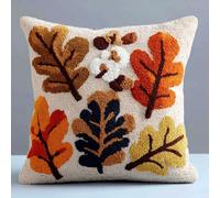 WallustrioaW DIY Latch Hook Kits,Oak Leaves,Pattern Printed Throw Pillow Case Cushion Cover Crochet Needlework Crafts for Kids and Adults,17x17in