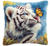 WallustrioaW DIY Latch Hook Kits,White Tiger and Butterfly,Needlework Pillow Cover DIY Hooks Knitted Pillow Embroidery Latch Hook Cushion Kit,17x17in