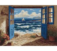 WallustrioaW DIY Latch Hook Rug Kits with Printed Canvas,Landscape,The sea Outside The Door,Floor Mat Crochet,Carpet Tapestry for Adult Craft Kits for Women,Relaxing Home Art Project,60x90cm