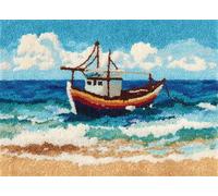 WallustrioaW DIY Latch Hook Rug Making Kit for Adults Kids,Landscape,Fishing Boats on The Beach,Handmade Rug Crochet Yarns DIY Door Mat Kits for Home Decor Festival Gift,60x90cm