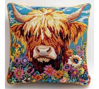 WallustrioaW DIY Stamped Cross Stitch Pillow Kits,Highland Cattle in the Flowerbed 11CT Needlepoint Handmade Cushion Cover Home Sofa Christmas Decoration 45x45cm