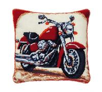 WallustrioaW Embroidery Latch Hook Pillow Cover Kit,Retro Motorcycle,Cross Stitch Cushion Covers DIY Craft Needlework Latch Hook Kits for Kids Adults,17x17inch