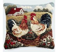 WallustrioaW Farm Landscape 3D Pillow Latch Hook Embroidery Kits,Animal Rooster,DIY Pillow Cover Materials Package Crocheting Cushion Set for Beginners,17x17inch
