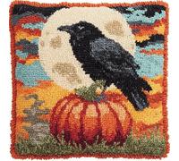 WallustrioaW Farm Landscape Latch Hook Kits for Adults,Beginners,Crow on a Pumpkin,DIY Pillow Kit Pre-Printed Cross-Stitch Cushion Cover for Home Sofa Decor Gift Idea,17x17inch