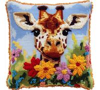WallustrioaW Flower Animals Stamped Cross-Stitch Kit Printed Canvas,Cute Giraffe,Cross Stitch Cushion Kits Needlework for Adult Beginners 11ct Decoration Embroidery Pillow Case,45x45cm