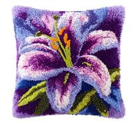 WallustrioaW Flowers Latch Hook Kits for Adults Kids,Beautiful Purple Lily Flowers,DIY Latch Hook Pillow Kit Pre-Printed Cross-Stitch Embroidery Cushion for Home Sofa Decoration 17x17in