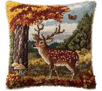 WallustrioaW Forest Animals Pre Printed Latch Hook Kits for Adults Beginners,Deer Elk,DIY Needlework Pillow Cover Cushion Making Kit for Christmas Birthday Gift,17x17inch