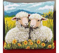 WallustrioaW Grassland Landscape Latch Hook Pillow Case Kits,Two Cute Sheep,DIY Latch Hook Cushion Kits,Cross Stitch Embroidery Cushion Making Home Decor,17x17inch