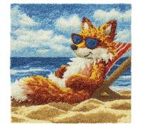 WallustrioaW Landscape Cross Stitch Latch Hook Sofa Cushion Cover,Fox on a Beach Chair,3D Pillow Latch Hook Embroidery Kits with Crochet Tools fit for Kids and Adults,17x17inch