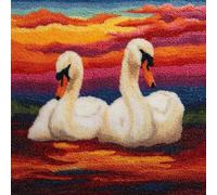 WallustrioaW Landscape Cross Stitch Latch Hook Sofa Cushion Cover,Two White Swans in The Lake,3D Pillow Latch Hook Embroidery Kits with Crochet Tools fit for Kids and Adults,17x17inch