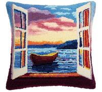 WallustrioaW Landscape DIY Embroidery Pillow Case Latch Hook Kits,The Boat Outside The Window,Cross Stitch Kits Needlework Sets Decoration Embroidery Pillow Cushion,17x17inch