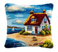 WallustrioaW Landscape DIY Latch Hook Cushion Kits 43x43cm,Cartoon Seaside Cottage,Latch Hook Cushion Kits for Adults,DIY Needlework Handmade Set Craft Sofa Home Decor,17x17in