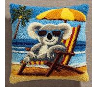 WallustrioaW Landscape DIY Latch Hook Kit Cushion,Koala on a Beach Chair,Cover Latch Hook Pillow Adults Embroidery Craft Set with Printed Canvas,43x43cm