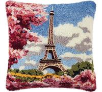 WallustrioaW landscape Latch Hook Case Kits for Adults,Eiffel Tower and cherry blossom trees,DIY Crochet Pillow Kit Pre-Printed Pillowcase,Needlework Cushion Cover for Sofa Decoration,17x17in