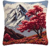 WallustrioaW landscape Latch Hook Case Kits for Adults,Snow-capped mountains and maple trees,DIY Crochet Pillow Kit Pre-Printed Pillowcase,Needlework Cushion Cover for Sofa Decoration,17x17in