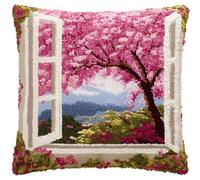 WallustrioaW Landscape Latch Hook Cushion Cover Kits for Adults,Cherry Blossom Tree Outside The Window,Crochet Kits for Beginners,DIY Cross Stitch Cushion,Embroidered Pillowcase,43x43cm