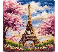 WallustrioaW Landscape Latch Hook Cushion Cover Kits for Adults,Eiffel Tower and Cherry Blossom Trees,Crochet Kits for Beginners,DIY Cross Stitch Cushion,Embroidered Pillowcase,43x43cm