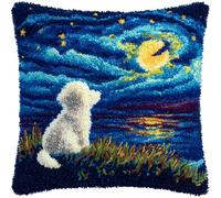 WallustrioaW Landscape Latch Hook Cushion Kit DIY 17x17in,Puppy Under The Night Sky,Latch Hook Pillow Case Kits,Arts and Crafts Crochet Needlework Home Decor,43x43cm