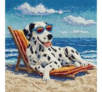 WallustrioaW Landscape Latch Hook Cushion Kit Pre Printed,Dalmatian Dog on a Beach Chair,Handmade Cushion Crochet Yarn Embroidery for Adults Kids, Beginners,Birthday Gift,43x43cm