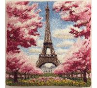 WallustrioaW Landscape Latch Hook Cushion Kit Pre Printed,Eiffel Tower and Cherry Blossom Trees,Handmade Cushion Crochet Yarn Embroidery for Adults Kids, Beginners,Birthday Gift,43x43cm