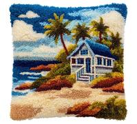 WallustrioaW Landscape Latch Hook Cushion Kits for Adults,Beach House,DIY Latch Hook Pillow Kit,Pre-Printed Cross-Stitch Cushion Cover for Gift Idea,17x17in