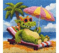 WallustrioaW Landscape Latch Hook Kit for Adults,Green Dinosaur on a Beach Lounge Chair,DIY Cross Stitch Embroidery Cushion Kit for Kids DIY Craft Pillow Cover Making,17x17inch
