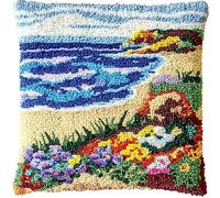 WallustrioaW Landscape Latch Hook Kits for Adults Beginners Cushion,Flowers on The Beach,Embroidery Crochet Kit DIY Throw Pillow Covers with Printed Canvas Pattern,17x17inch