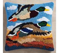 WallustrioaW Landscape Latch Hook Pillow Cover Kits,Flying Wild Ducks,Latch Hook Cushion Kit 17x17Inch,Cross Stitch Embroidery Cushion for Adults and Beginners,43x43cm
