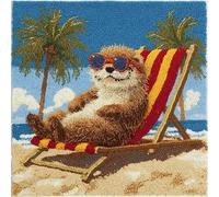 WallustrioaW Landscape Pre Printed Latch Hook Kits for Adults Beginners,Otter on a Beach Chair,DIY Needlework Pillow Cover Cushion Making Kit for Christmas Birthday Gift,17x17inch
