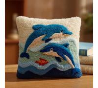 WallustrioaW Latch Hook Case Kits for Adults,Cartoon Dolphin,DIY Crochet Pillow Kit Pre-Printed Pillowcase,Needlework Cushion Cover for Sofa Decoration,17x17in