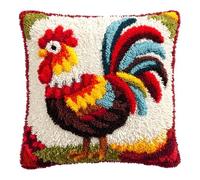 WallustrioaW Latch Hook Cushion Cover Kit,Animal Rooster,Pillow Case Rug Cover Kids Beginner DIY Needlework Embroidery Kits Handmade Set,17x17in
